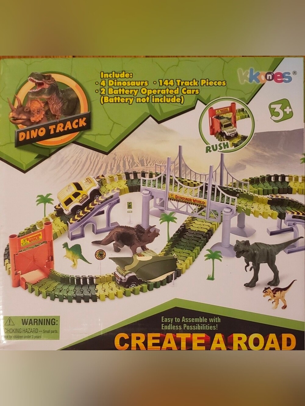 Dino Track Kids Toy Race Set - Green/Yellow Track with Dinosaurs